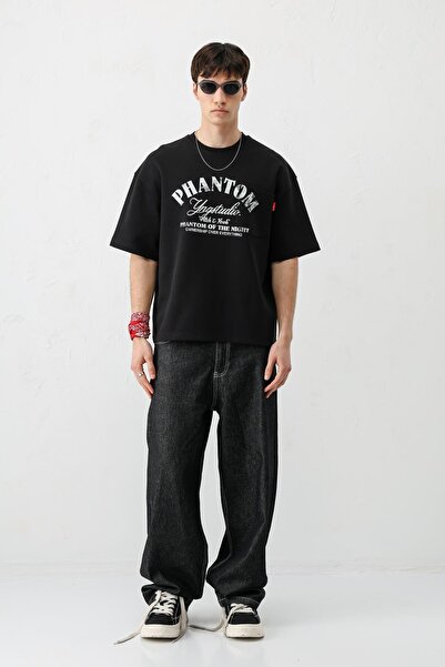 VAMOSCLO Kısa Kollu Boxy Fit Baskılı Tişört Siyah