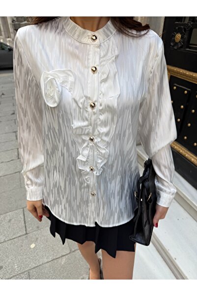 ikomteks Elegant Ruffle Detail Button Satin Women's Shirt