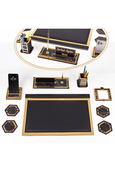 Ofistike Titan Altın Varaklı Deri Sümen Takımı Mermer Desen Ahşap İsme Özel M...