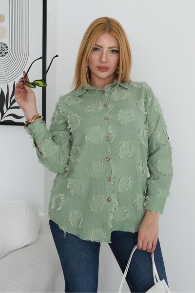 Siyezen Plus Size Embossed Fabric Linen Shirt