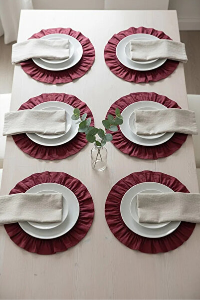 ACELEYOLLA Burgundy Cotton Piece Ruffled Plate Set of 6, Placemat 33 cm Diame...