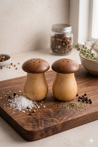 MİS KİTCHEN مجموعة ملح وفلفل خشبية طبيعية مكونة من قطعتين بتصميم على شكل فطر ...