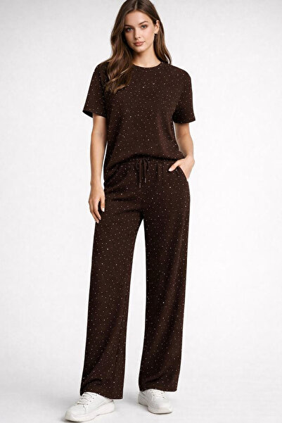 KASİDE Women's Stoned Short Sleeve Elastic Waist Tie-Detail Two-Piece Set Ksd...