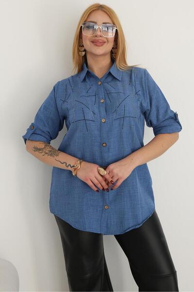 Siyezen Plus Size Stone Detailed Linen Shirt