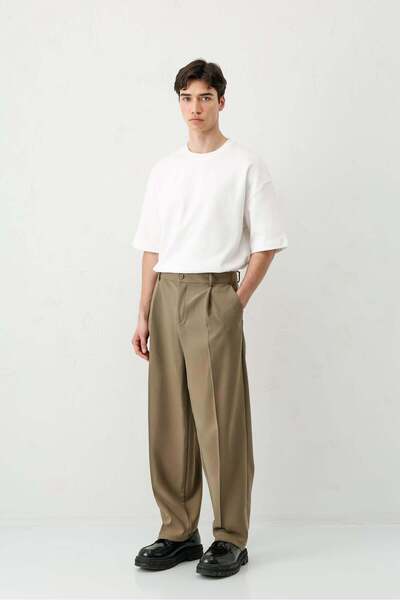 VAMOSCLO Baggy Fit Pleated Trousers Khaki