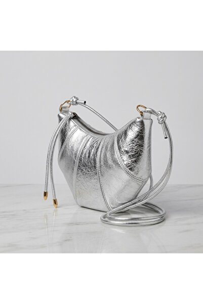 MRS.MODA Women's Silver Color Wrinkled Leather Detailed Croissant Model Women...