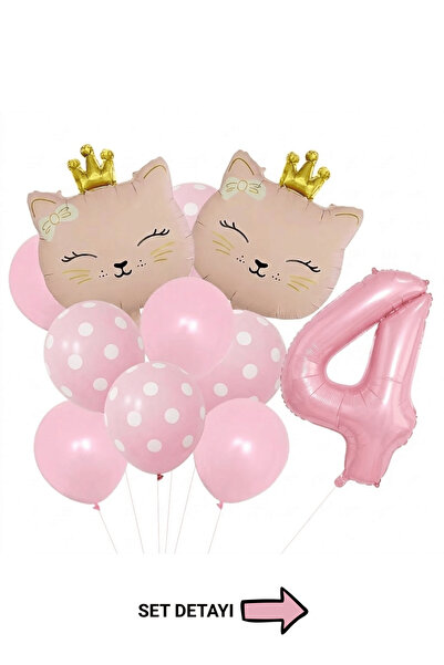 Bunloon Pembe Kedi Temalı 4 Yaş Doğum Günü Folyo Balon Seti 11 Parça Parti Sü...