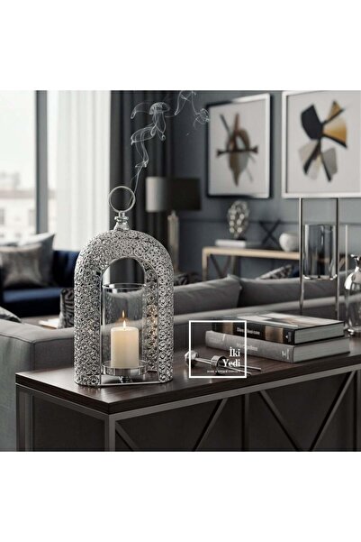İki Yedi Konsept Luzon 771 Mihenk Işığı Dekoratif Mumluk Fener | Gümüş Taş De...