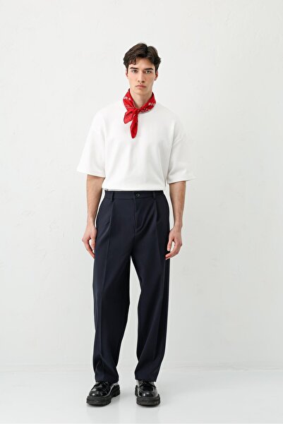 VAMOSCLO Baggy Fit Pleated Trousers Navy Blue