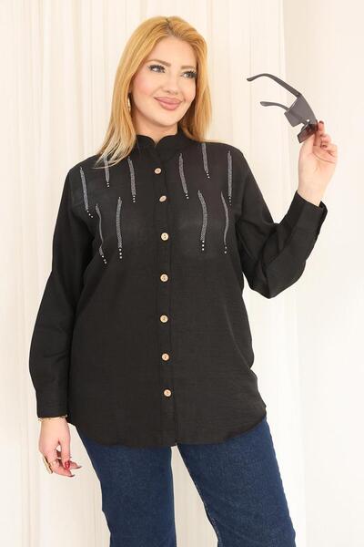 Siyezen Plus Size Hakim Collar Linen Shirt