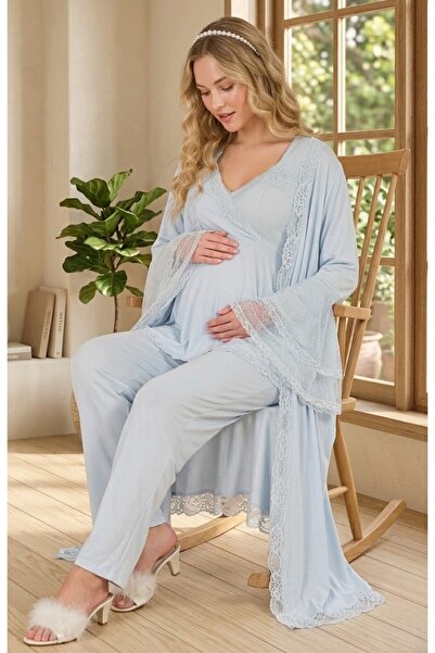 Lohussa Yeni Sezon Mavi Hamile Şık Dantel Detaylı Emzirme Özellik Tasarım Yaz...