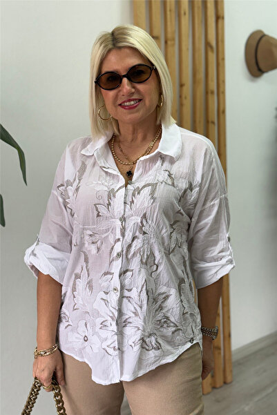 By Esra Celkan White Floral Embroidered Imported P Cotton Shirt