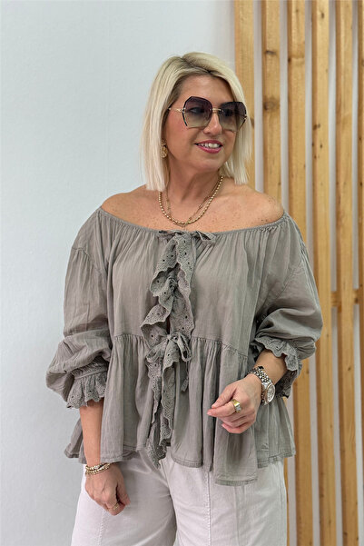 By Esra Celkan Mink Lace Ruffled Front Lace-Up Voile Shirt