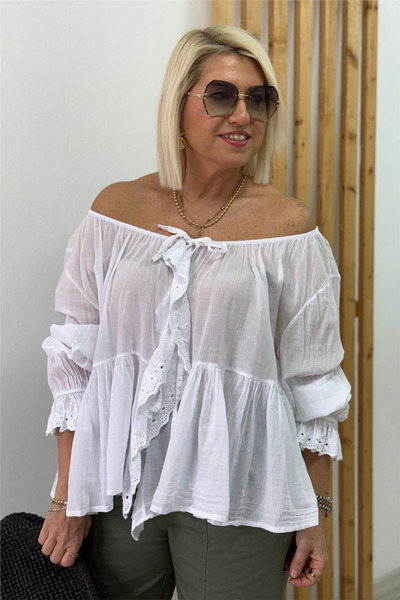 By Esra Celkan White Lace Ruffled Front Lace-Up Voile Shirt