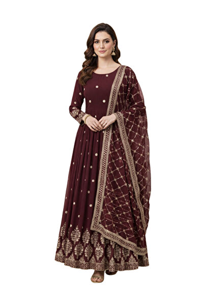 MYSMAR Maroon Faux Georgette Gown - HRT7368 | Maroon
