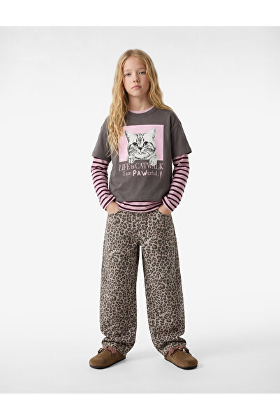 Koton Grey Short Sleeve Crew Neck Cotton Cat Printed T-Shirt