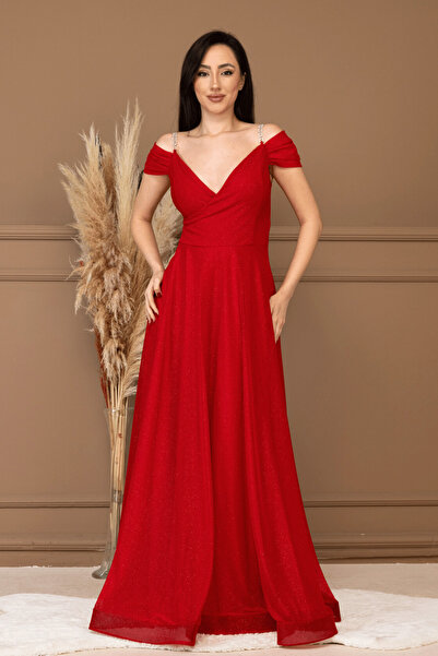 BEYBOS Rochie de seara din stofa cu sclipici cu decolteu bateau - ROSU