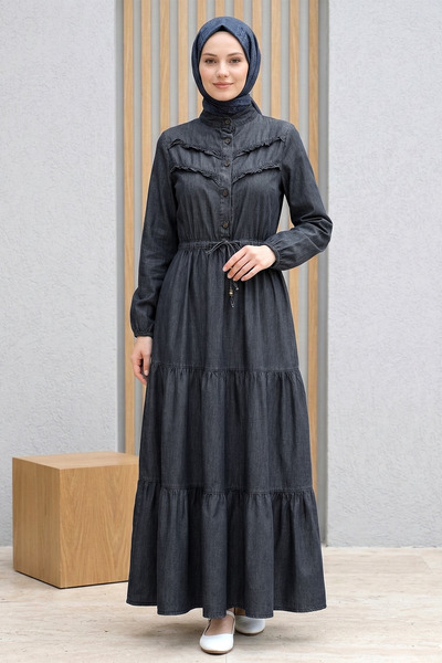 FERHEL Rochie din denim cu cu nasturi în partea de sus guleruri, dantelă cu v...