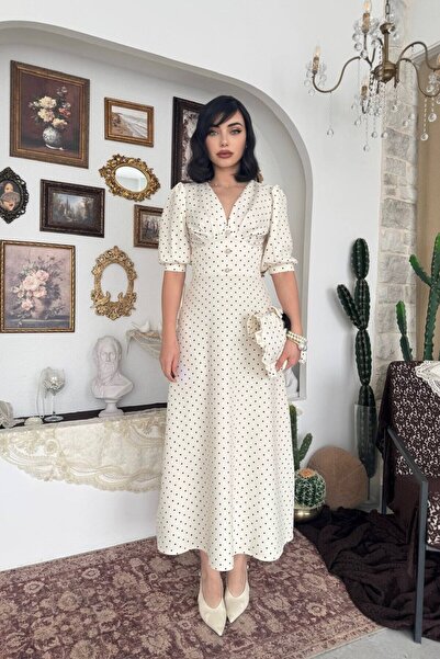 Julidress Rochie premium cu decolteu în V și nasturi perlați P cu buline D cu...