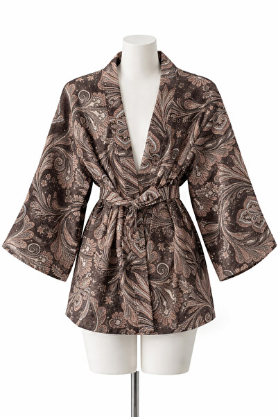 PALMİYE GİYİM Kahverengi Şal Desen Kuşaklı Kimono Ceket