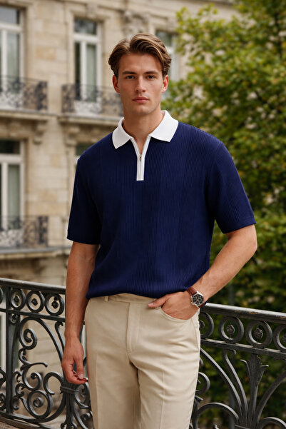 DAMGA JEANS Ανδρικό μπλουζάκι Premium Trend σε σκούρο μπλε με λαιμόκοψη πόλο