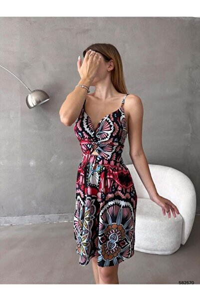 Modafeminen Black Patterned Plunging Neckline Mini Dress 582570