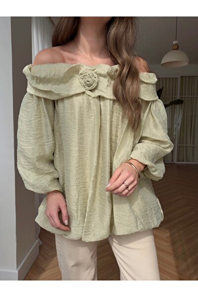 BRTC design Women's Mint Green Rose Detailed Adjustable Collar Balloon Sleeve...