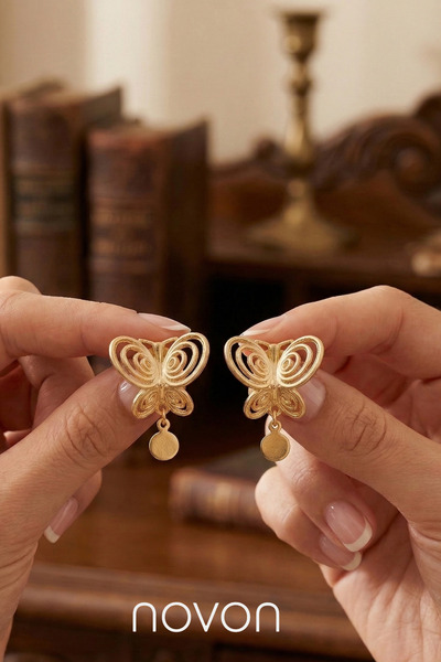 yucelique 22k Altın Kaplama Premium Füsun Kelebek Küpe ( Pirinç Üstü Kaplama-...