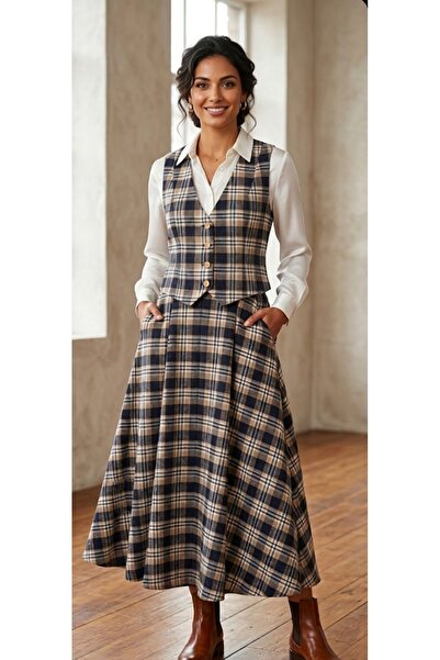 Dagü Design Women's Plaid Patterned Vest Set Double Set