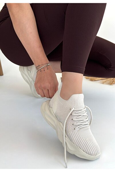 M&B COLLECT Henta Beige Knitwear Lace-Up Sports Shoes