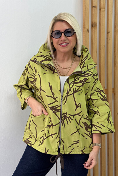 By Esra Celkan Oil Green Patterned Pocketed Durbakar Sleeve Zipper Jacket