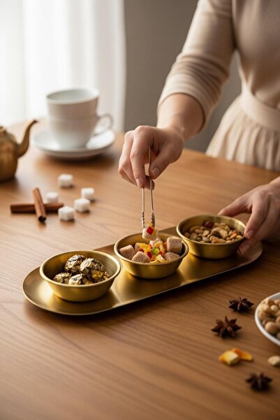 Bereketli Store 1 Tepsi 3’lü Mini Lokumluk Seti – Gold / Şık Dekoratif Sunumluk