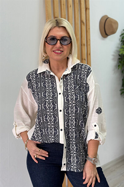 By Esra Celkan Navy Blue Fabric Patterned Cream 100% Cotton Shirt