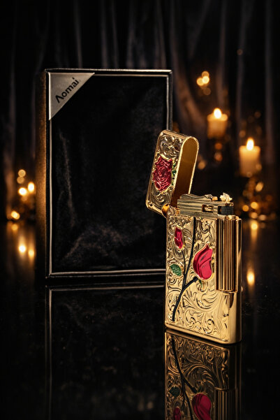 AOMAİ Lüks Gül İşlemeli Gold Benzinli Çakmak – Özel Tasarım Metal Gövde, Prem...