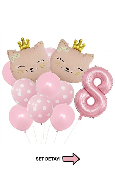 Bunloon Pembe Kedi Temalı 8 Yaş Doğum Günü Folyo Balon Seti 11 Parça Parti Sü...