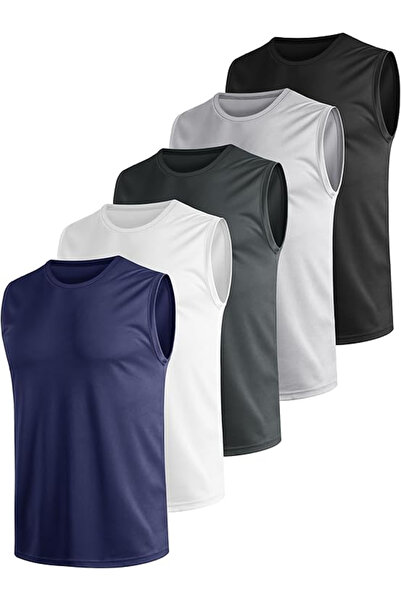 OEM Set of 5 sleeveless sports t-shirts for men, Black/Grey/Navy/White/Grey 3XL