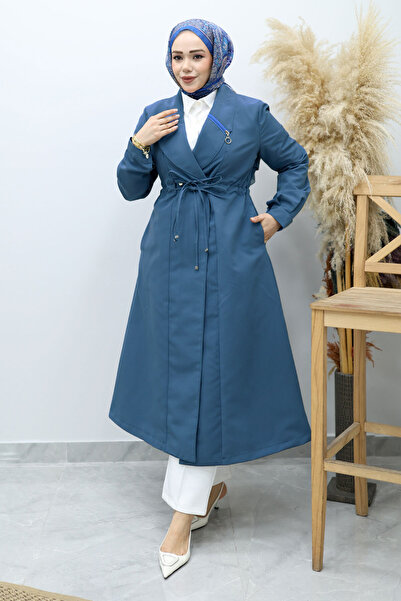 Tesettür Dünyası معطف طويل برباط عند الخصر تفاصيل بسحاب TSD260145 أزرق