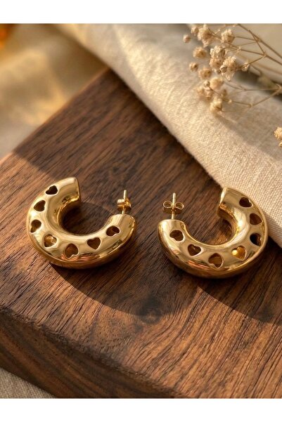 Meneva Aksesuar Vintage Design Heart Gold Color Plated Stainless Steel Hoop E...