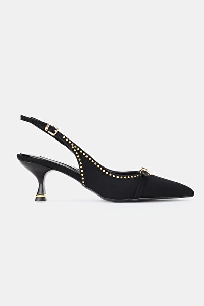 TUNAELLİ Pantofi de damă negri, din satin, cu toc scurt, vârf ascuțit și desc...