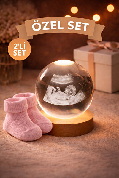 Seila Ultrason Fotoğraflı Cam Küre Yenidoğan Pembe Bebek Çorabı 2'li Set Anne...