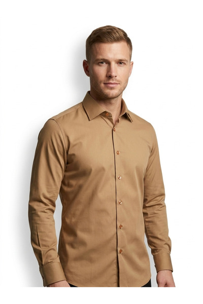 İMAJ MAĞAZACILIK Men's Tan Cotton Pack Slim Fit Classic Collar Long Sleeve Sh...
