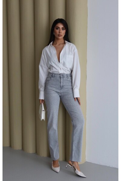 LACARINO Straight Cut Rhinestone Embellished Denim Pants