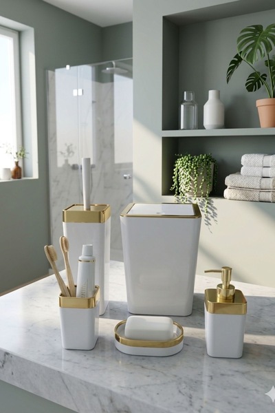 Marla Life 5 Parça Banyo Seti Beyaz Gold Lüks Banyo Aksesuar Takımı