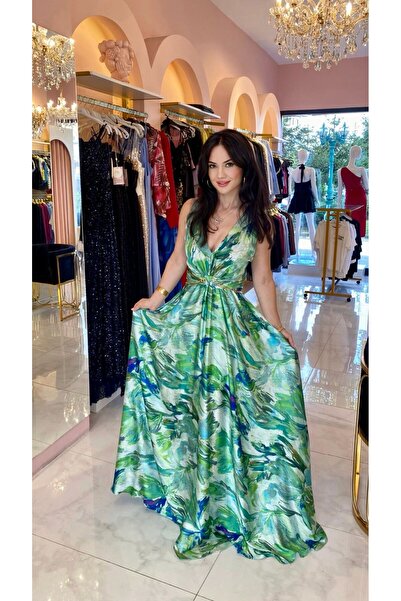 Hatice Altıntaş GOLD ZİNCİR DETAY DESENLİ UZUN ELBİSE