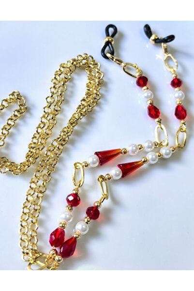 THİNBLACK Eyeglass Chain – Red Crystal Glass Beaded Gold Lacquer Coated Chain...