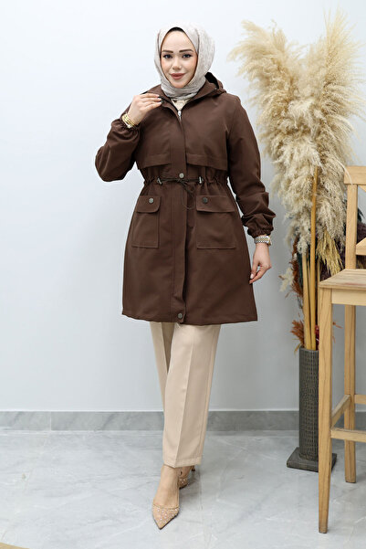 Tesettür Dünyası Sa kapuljačom Kupi Naborano Trenč kaput TSD260148 Smeđi