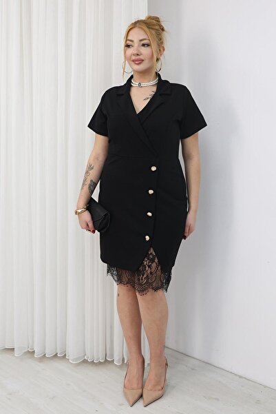 Siyezen Plus Size Skirts Lace Detailed Double-Breasted Neckline Dress