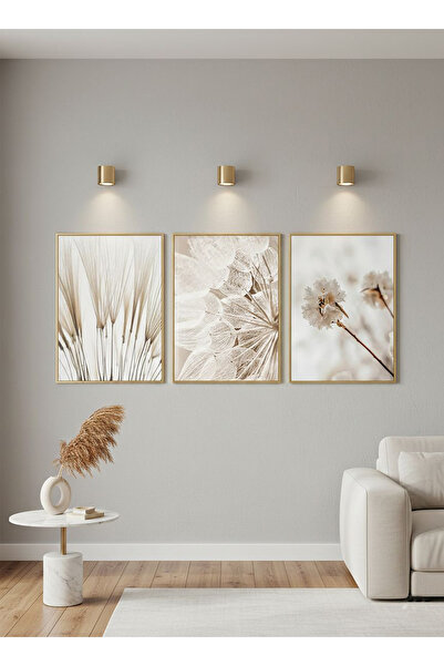 Linacci Set de trei rame metalice aurii cu poster cu flori cremoase și masă d...