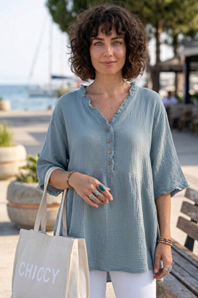 Chiccy Light Blue V-Neck Short Sleeve Buttoned Collar and Cuff Ruffles Casual...