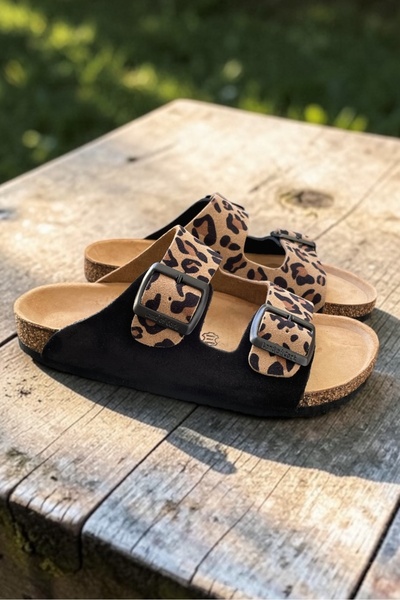 LAND OF CORK LC Leopard Printed Li Anatomical Natural Cork Sole Genuine Suede Leather Arch Support Slipper